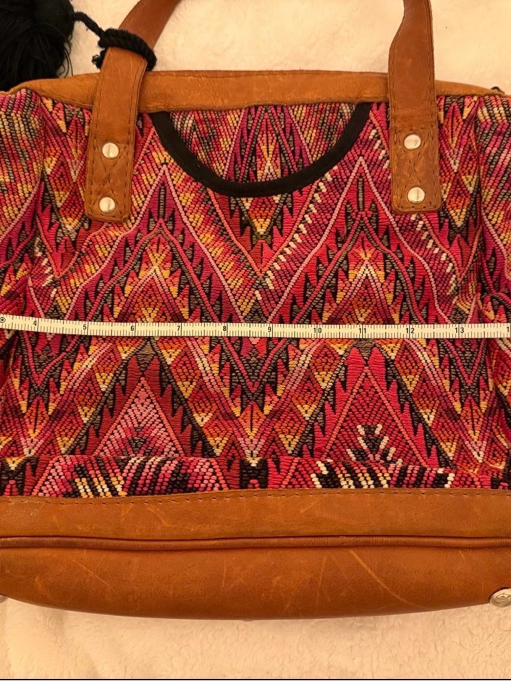 Handwoven Pink Patterned Tote Bag with Leather Trim - Picture 10 of 11